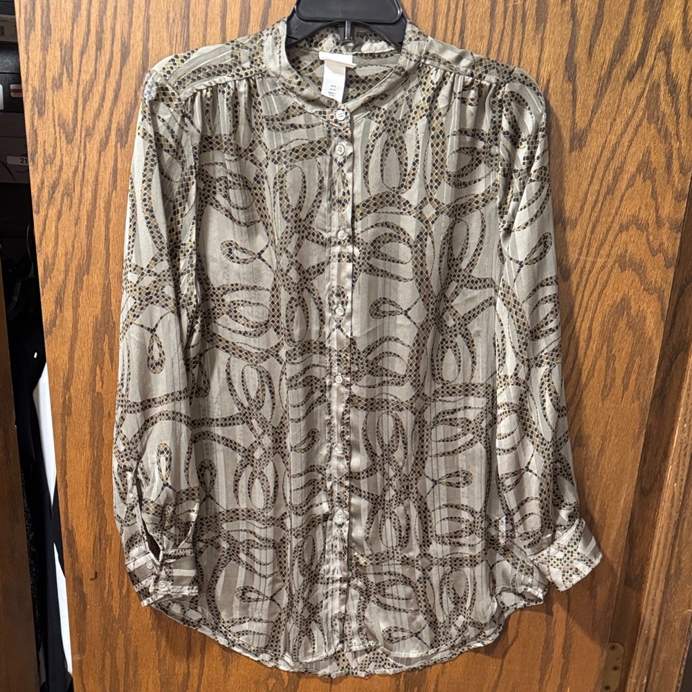 H&M Beige and Brown Patterned Silk-Blend Blouse